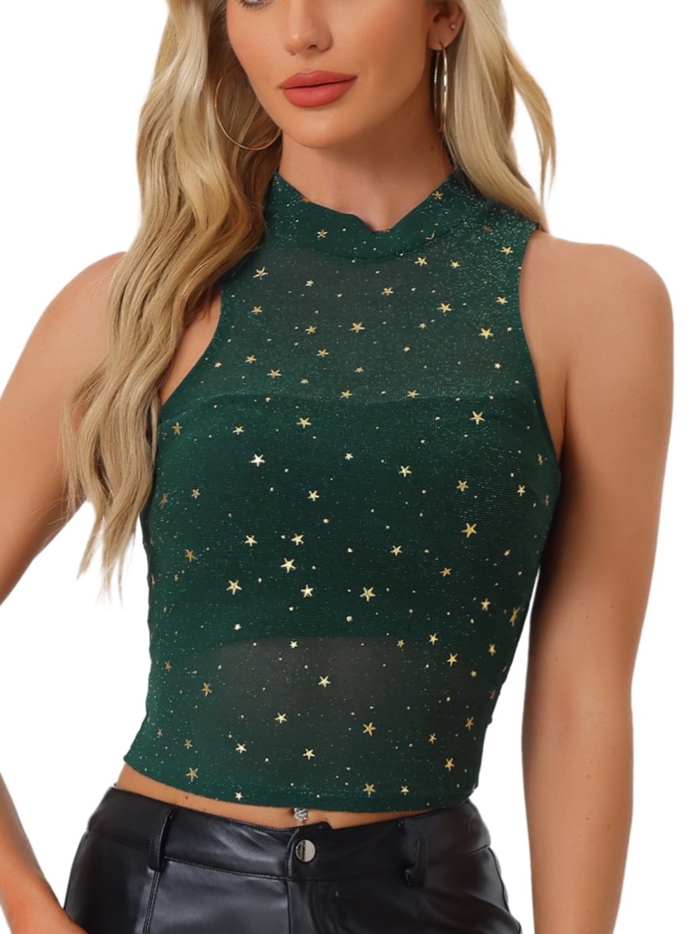 Allegra K Emerald Green Mock Neck Sleeveless Star-Print Crop Top